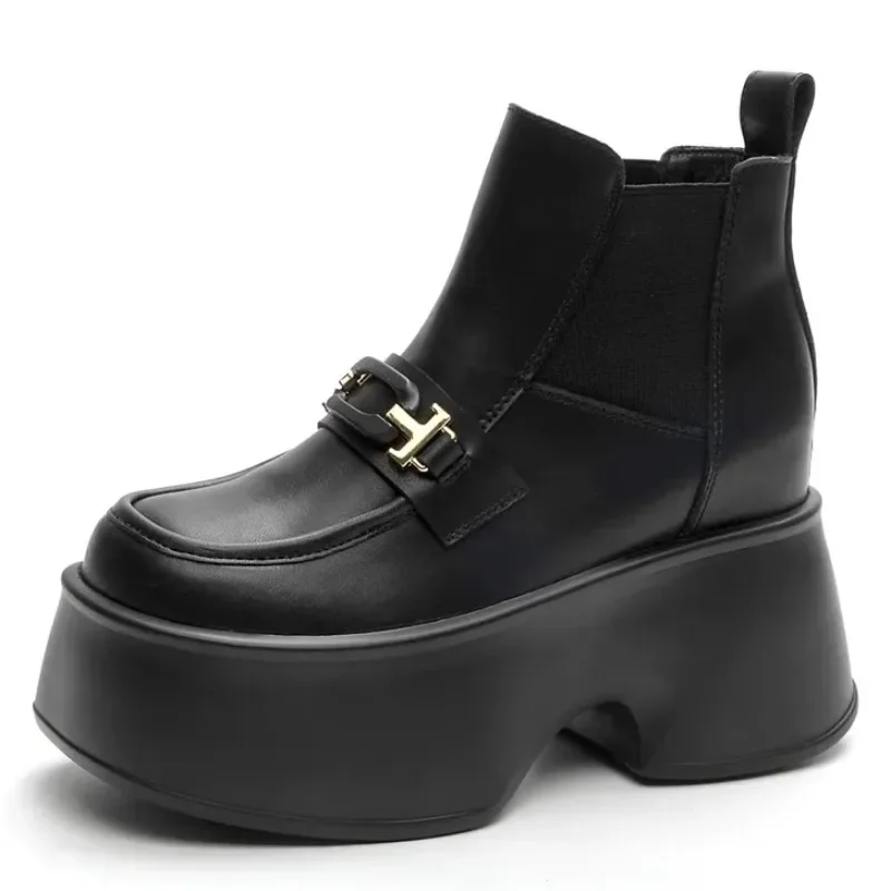 

11CM Genuine Leather Winter Plush Platform Wedge Fashion Autumn Booties Women Boots Spring ELastic Babd Height Increasing Shoes