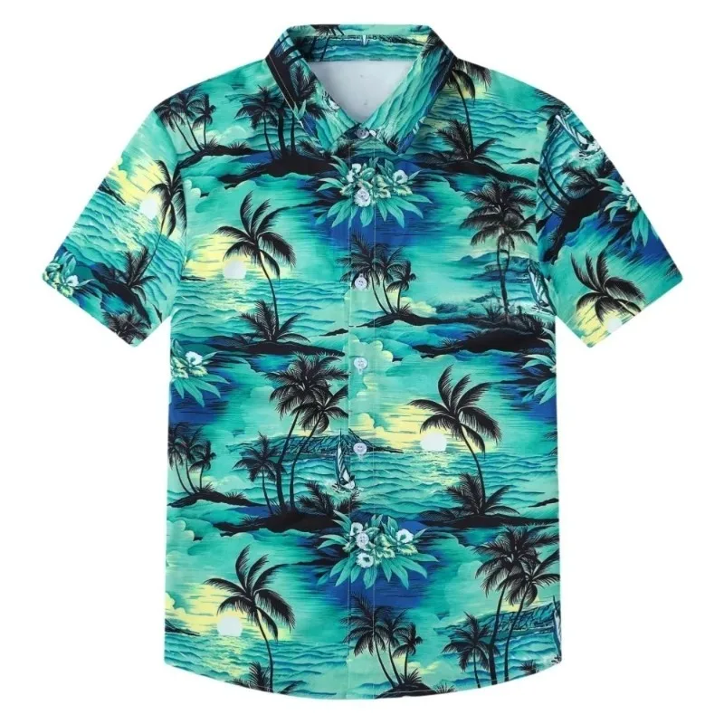 Camisa de Playa Informal para Niños, Ideal para Surfear y Viajar en Verano, con Estampado de Palmeras, Olas y Sol