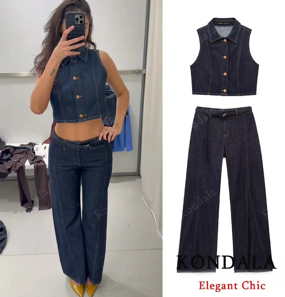 

Женский винтажный джинсовый жилет, комплект с лацканами и пуговицами, короткий жилет с поясом, расклешенные джинсы с высокой талией, новинка 2025 года, весенний комплект брюк Y2K High Street