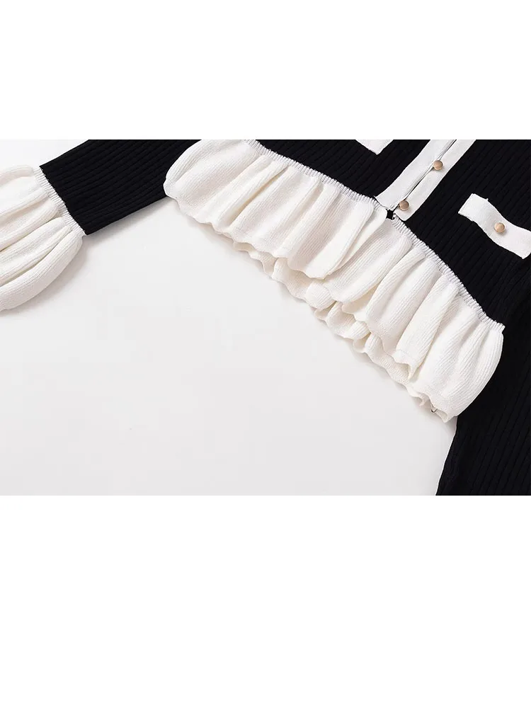 HH Woman Spring Fashion Long Sleeves Single Breasted Contrasting Colors Splicing Decoration Knitted Cardigan Elegant Versatile