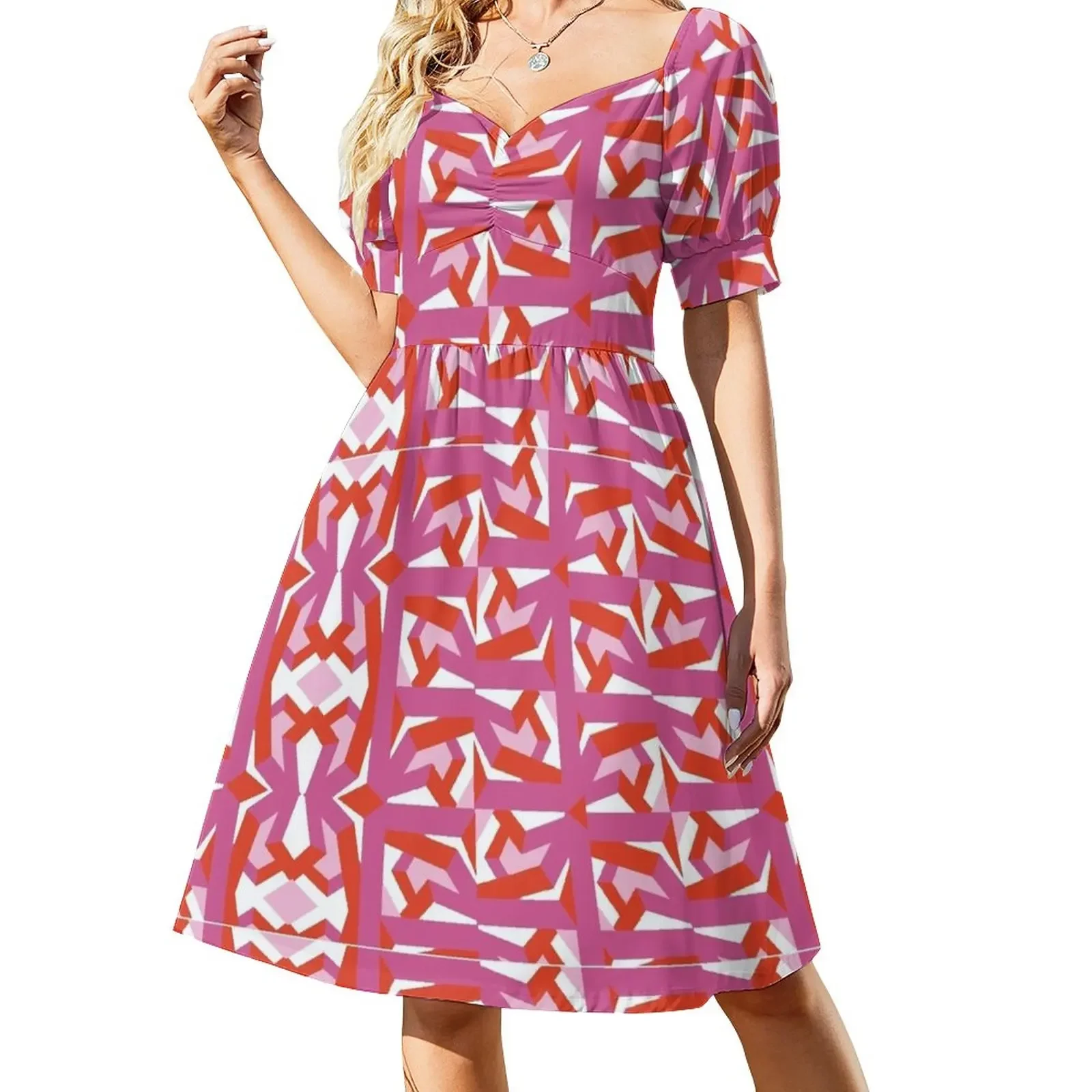 Geometric pink pattern red modern Short-Sleeved Dress Long veiled dresses summer dresses ladies 2025