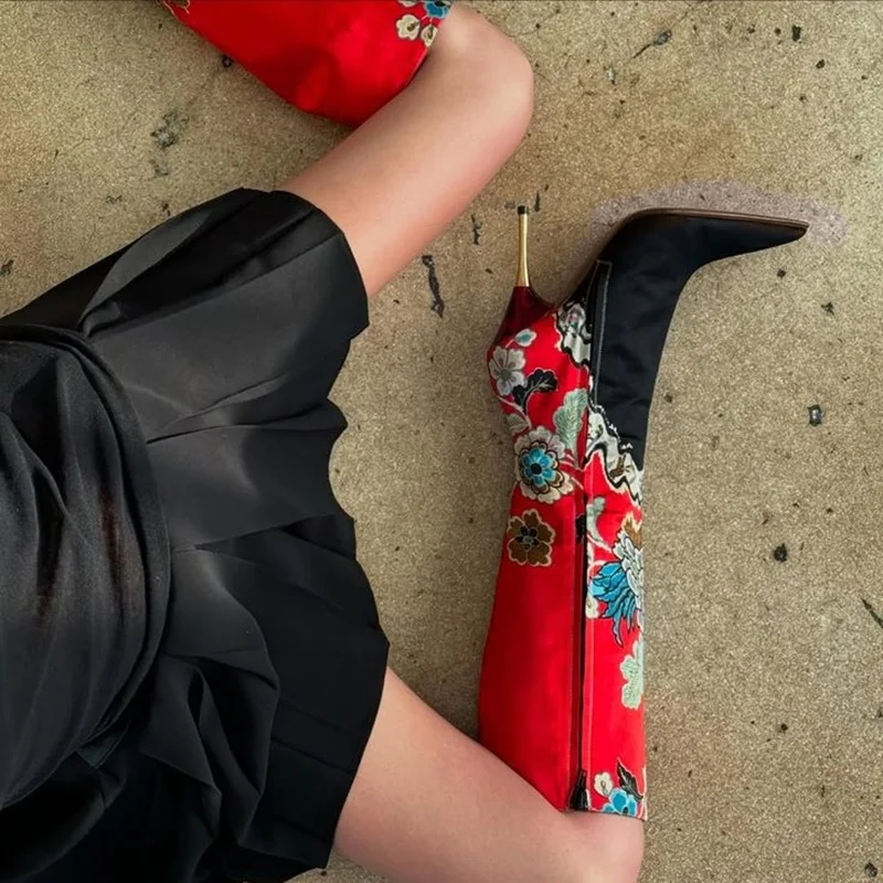 Red Flower Pattern Knee High Boots Thin High Heel Pointed Toe Fashion Cool 2025 Summer Big Size Woman Shoes Zapatillas Mujer