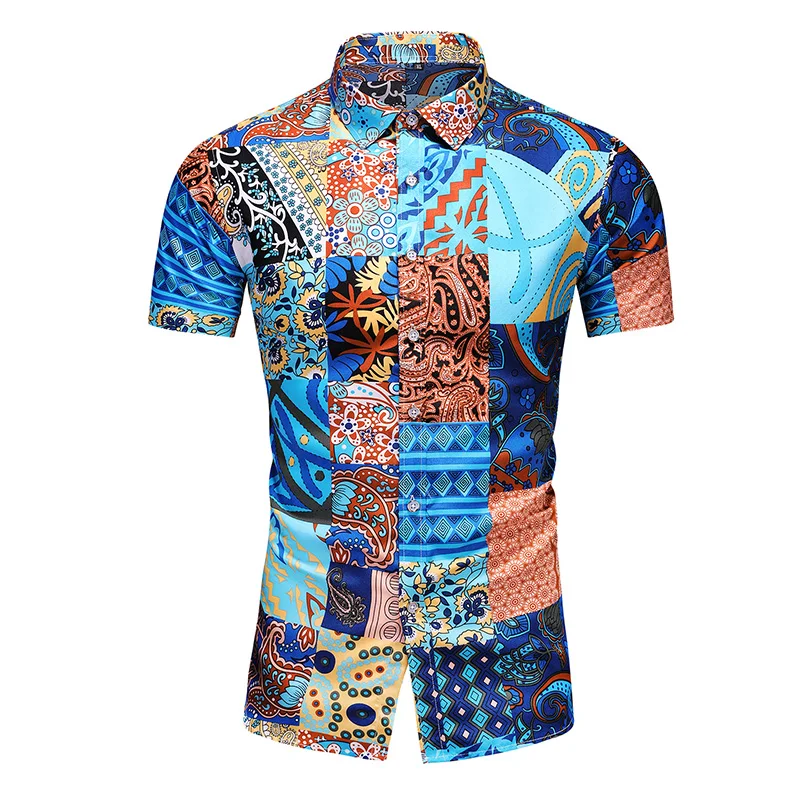 British Nation Style Summer Men's Shirt Fashion Printed Short Sleeve Casual Male Hawaiian Beach Shirts Nightclub Plus Size 7XL