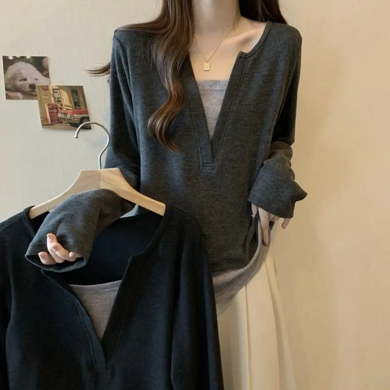 Fake Two Pieces Patchwork Pullovers Female Clothing Casual Long Sleeve Spring Autumn Korean Solid Color All-match V-Neck T-shirt