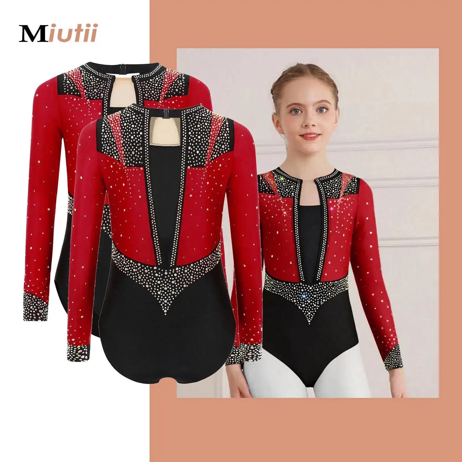 

Kid Girls Gymnastics Leotard Rhinestones Ballet Jersey Unitard Rhythmic Gymnastics Bodysuit Artistic Skating Performance Costume