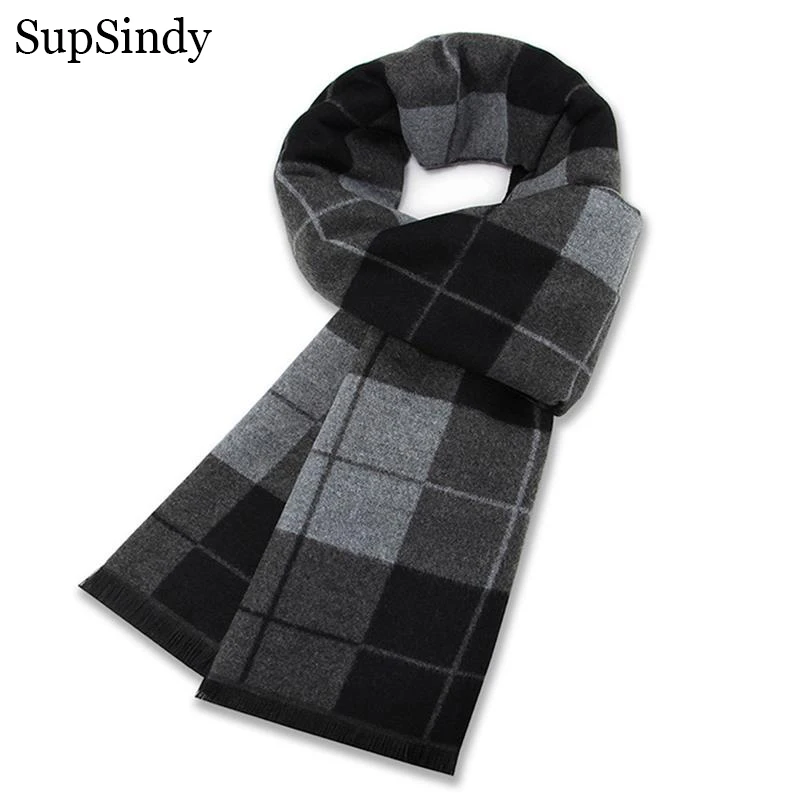 SupSindy Winter Men Wool Plaid Scarf With Tassels Casual Striped Long Scarf Luxury Thick Warm Cashmere Scarves For Men 30 Colors