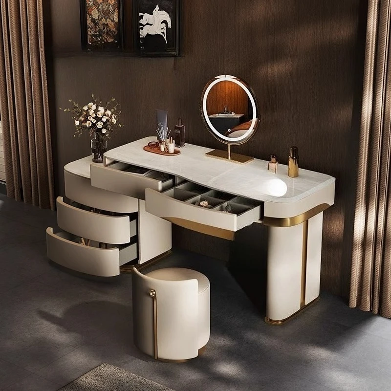 

Luxury White Dressing Table Marble Italian Drawer Round Mirror Dressing Table Storage Modern Penteadeira De Maquiagem Furnitures