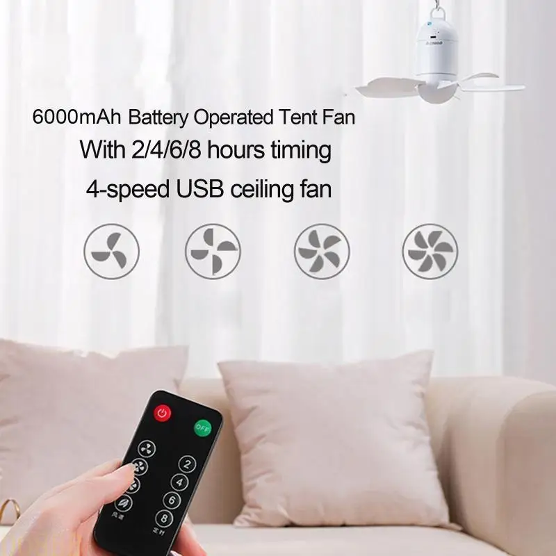 D08B 4000/6000mAh Ceiling Fan with Remote Controller Portable Tent Hooks Hanging Fan