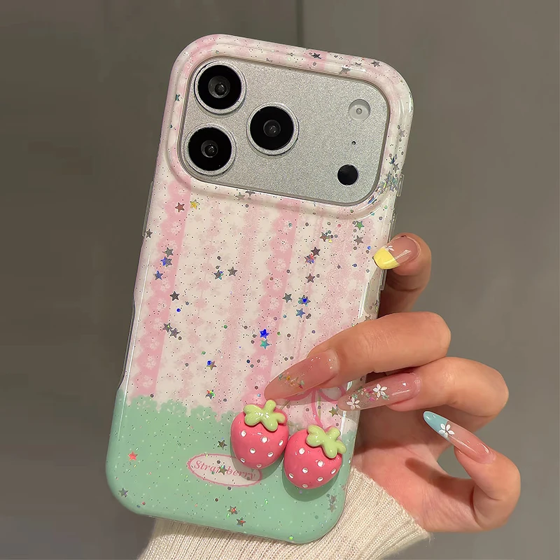 

Korea ins summer Pink 3D strawberry Lovely Phone Case For iphone 17 16 15 Pro Max 16Pro 17promax 16promax gril Protection cover