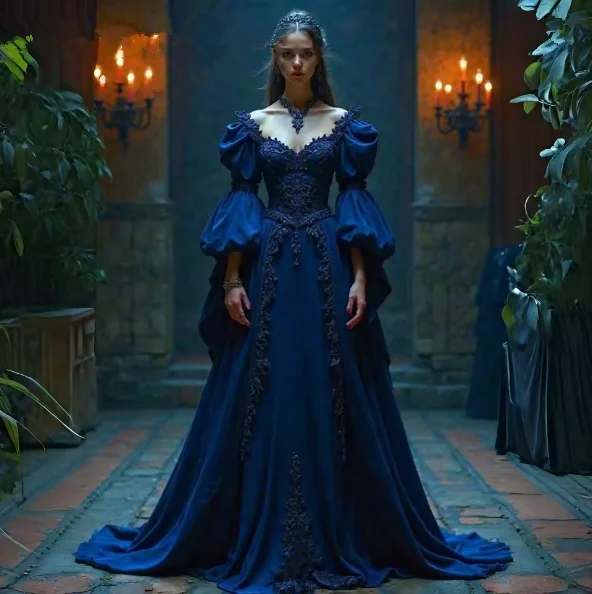 Viktorianische königsblaue Abendkleider, Spitzenapplikationen, Renaissance-Maskerade, Schnürkorsett, Abschlussballkleid, Spitzenapplikationen, individuell gestaltet