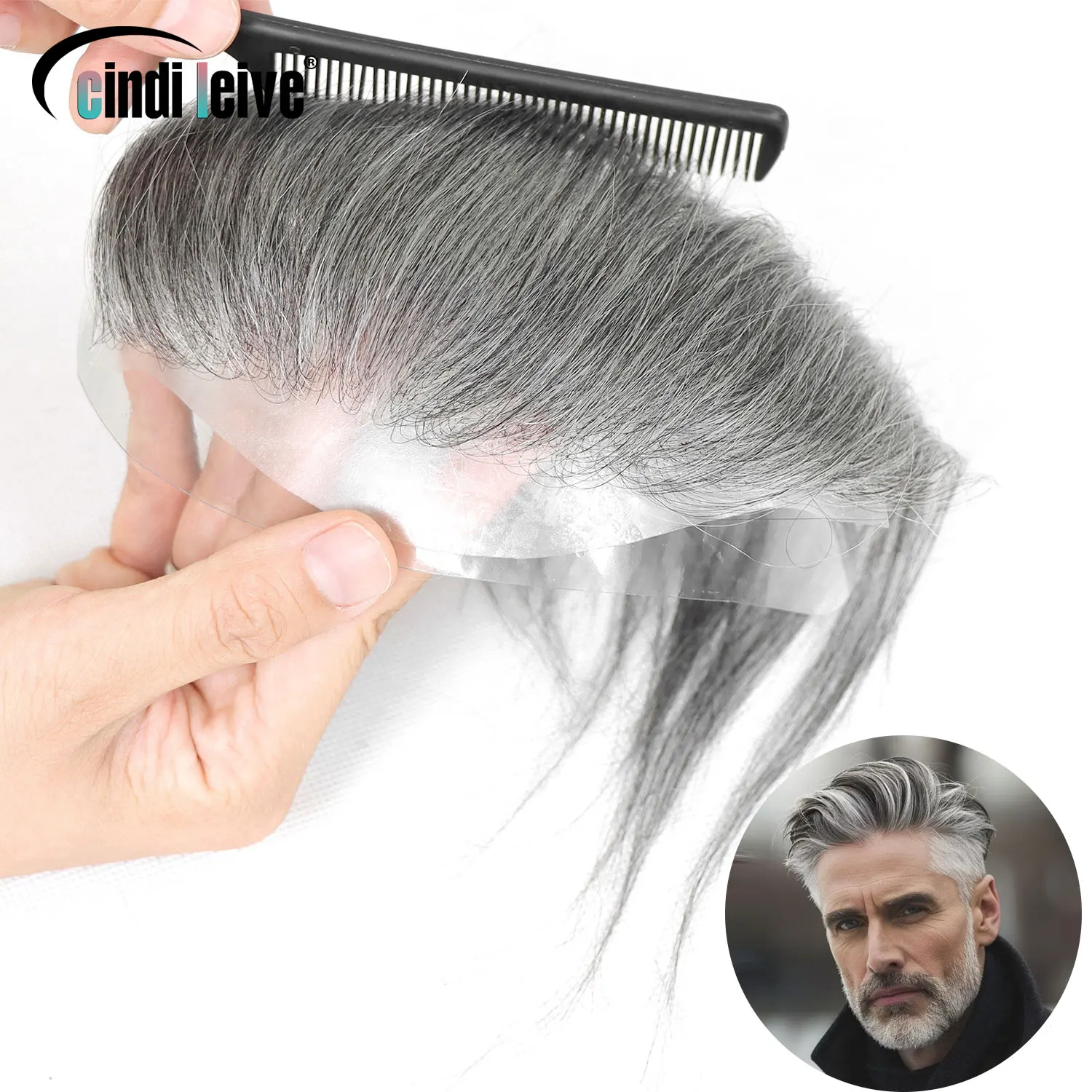 Grey Toupee For Men Human Hairpiece 0.06mm Ultra Thin Skin V Style Frontal Hairline For Men Full PU Men's Capillary Prosthesis