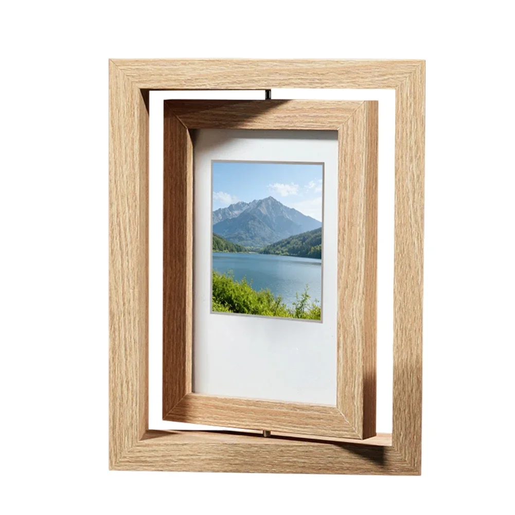 Dual-Sided 360° Rotating Wooden Picture Frame, Elegant Desktop Decor Holds Two 7-Inch Photos For Home Or Office Display