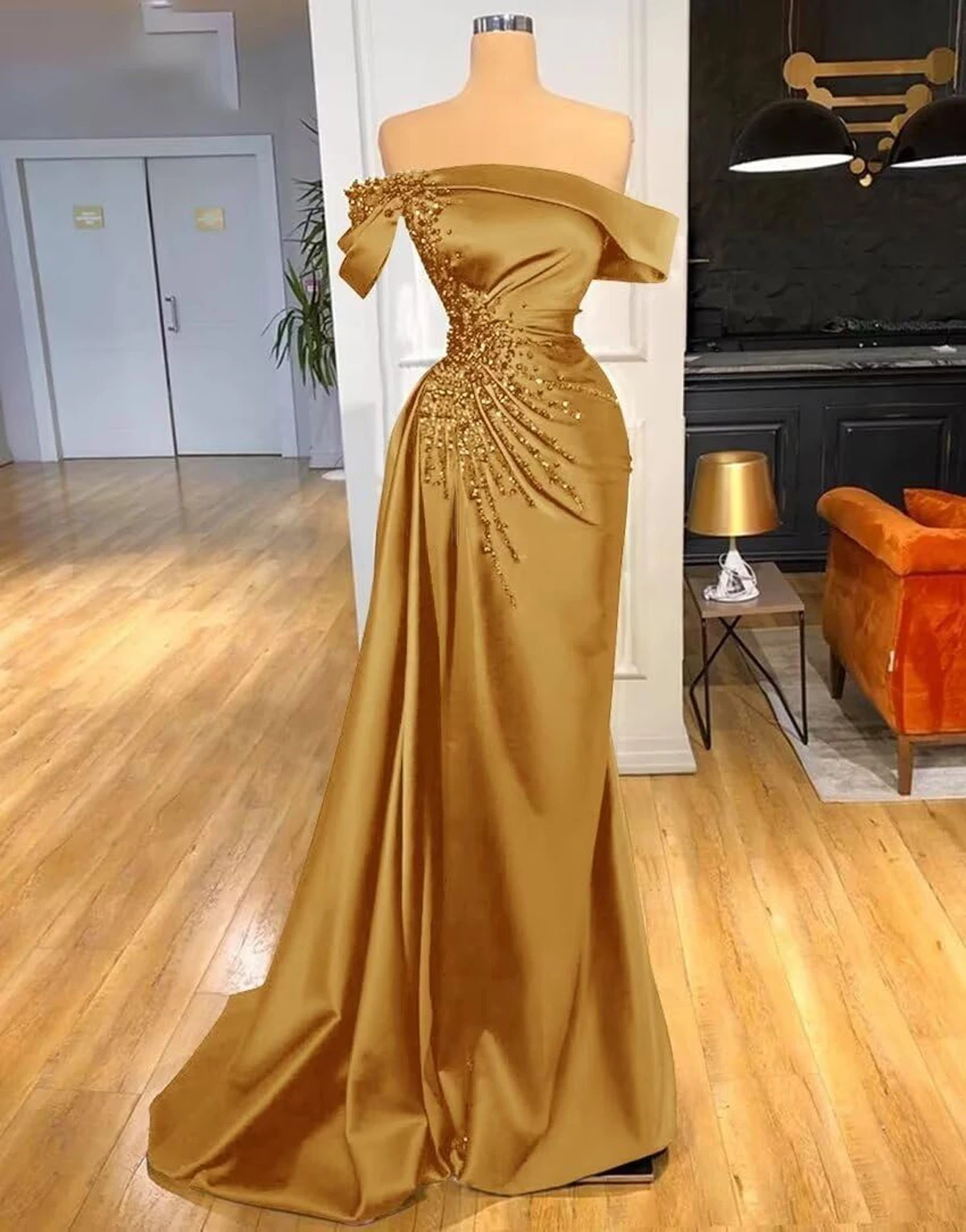 女性マーメイドビーズウエディングドレススリットサテンブライドメイドドレスロングオフショルダーイブニングフォーマルパーティードレス