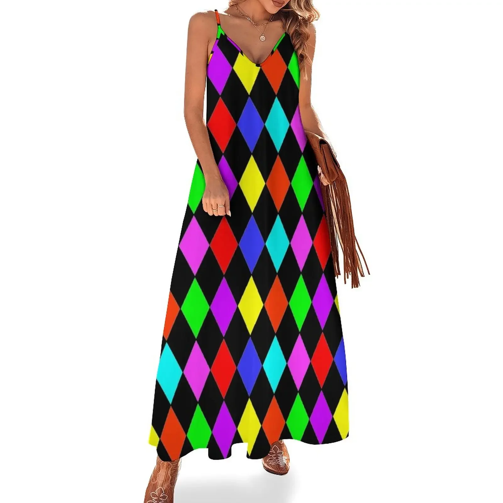 MULTICOLOUR HARLEQUIN WITH PINK RED GREEN BLUE BLACK RED PURPLE AND YELLOW Sleeveless Dress clothes long dresses for women Dress