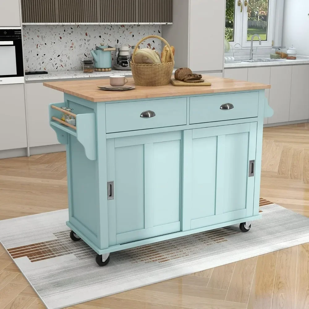 Kitchen Island Cart, Rolling Kitchen Island with Storage and Sliding Barn Door with Drop Leaf Rubber Wood, Island Cart Kitchen