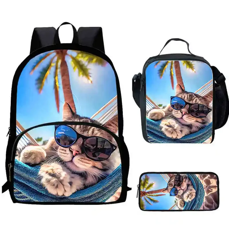 

Cartoon cat Child Backpack with Front Pocket,Lunch Bags,Pencil Bags for Aged 5-10,Cartoon School Bags for Boys Girls