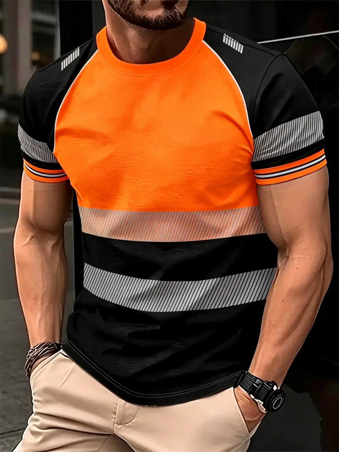 Men 3D Printed Striped Color Block T‑Shirt Short Sleeve Crew Neck Quick Dry Casual Sports Fashion Simulation Graphic Tee Top