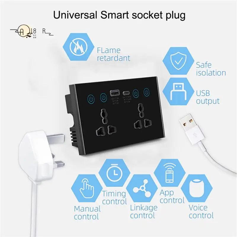 

A18R -EU UK US Universal Plug Tuya Smart Socket Switch With USB And Type-C Port Outlet Smart Life