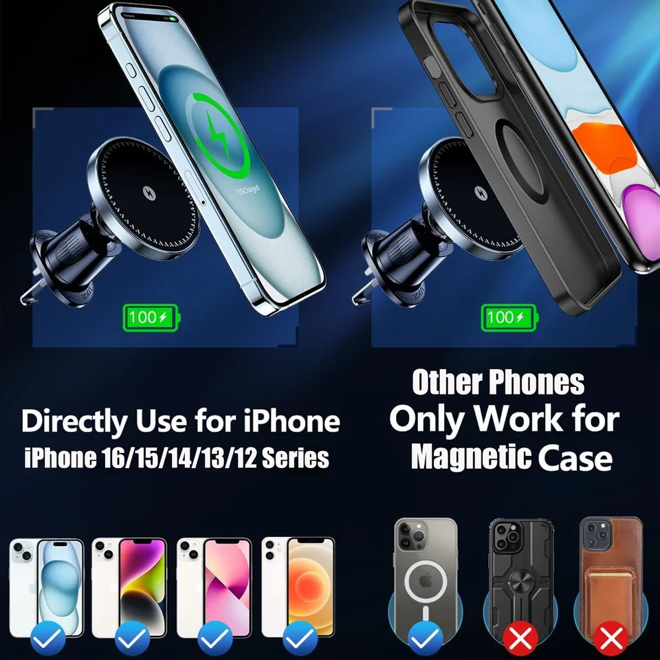 UYUXIO Fuerte Imán Inalámbrico Coche Cargador Adaptador 15W Ventilación Soporte Coche Teléfono Para iPhone 16 15 14 13 Pro Max Plus 12 4