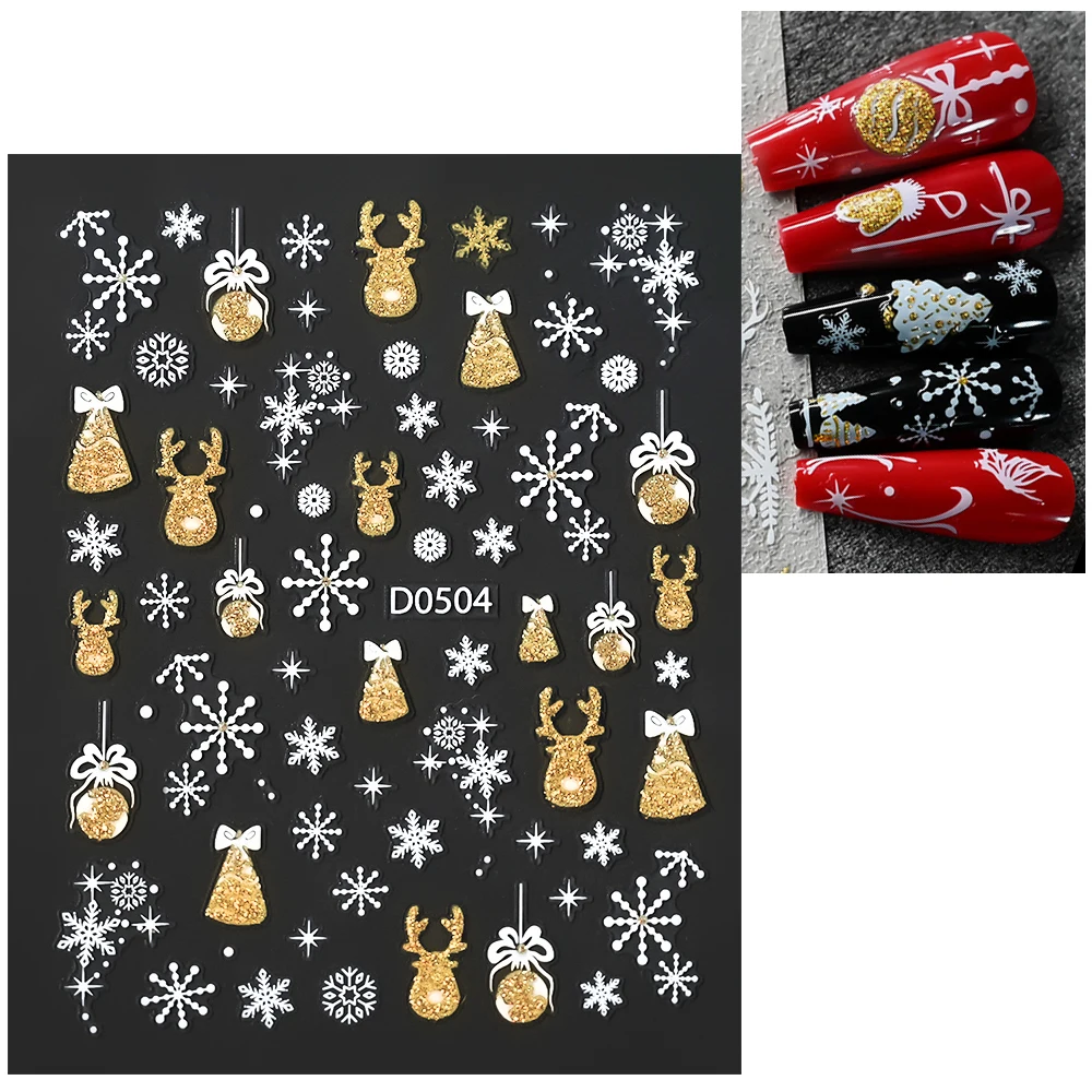 5D Goldern Glitter Kerst Sneeuwvlok/Bell Nail Art Sticker 8*10 cm Reliëf Glanzende Elanden, Bell, Sneeuwvlok Nail Decal DIY Xmas Slider