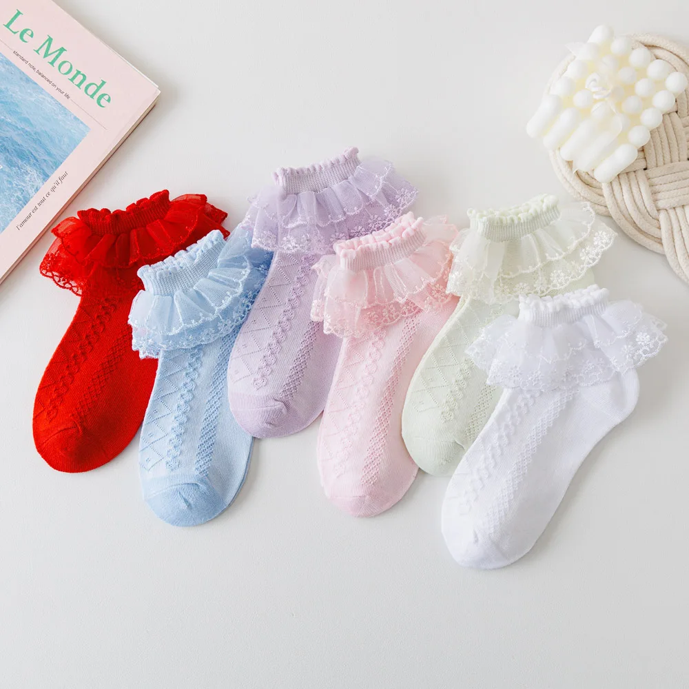 6 Pairs Girls Socks Floral Lace Ruffled Cuffs Breathable Comfort for Dance And Casual Wear Kids Cute Princess Socks