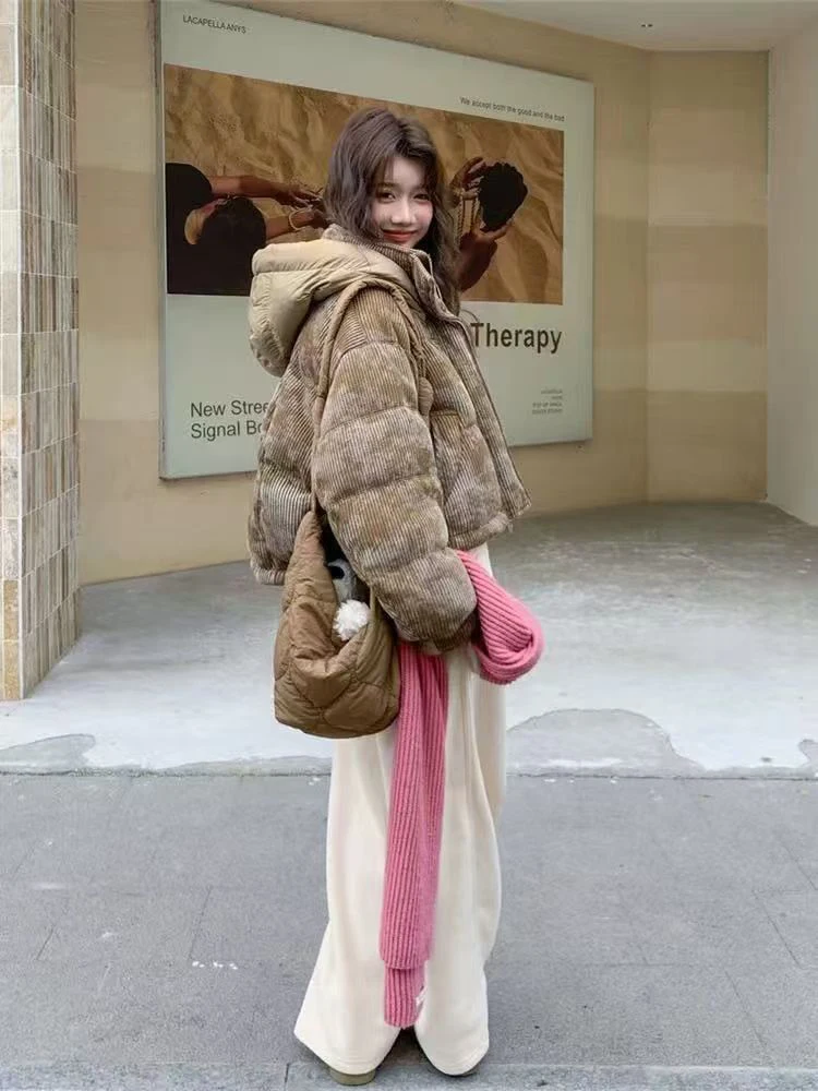 Winter Hooded Tie Dye Short Down Jacket Female Thicken Warm Loose Pocket Jacket Women White Duck Down Zipper Puff Parker Outwear
