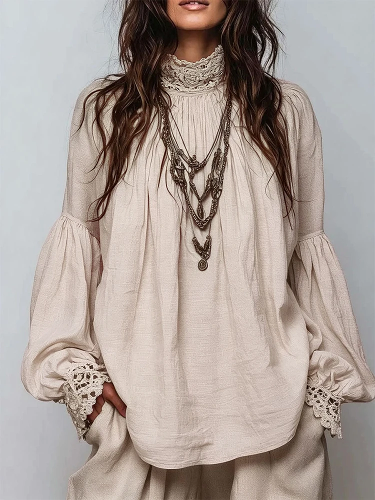 Women's Bohemian Shirt Lace High Neck Puff Long Sleeve Vintage Sweet Loose Blouse Top Casual Holiday Blouse Tops