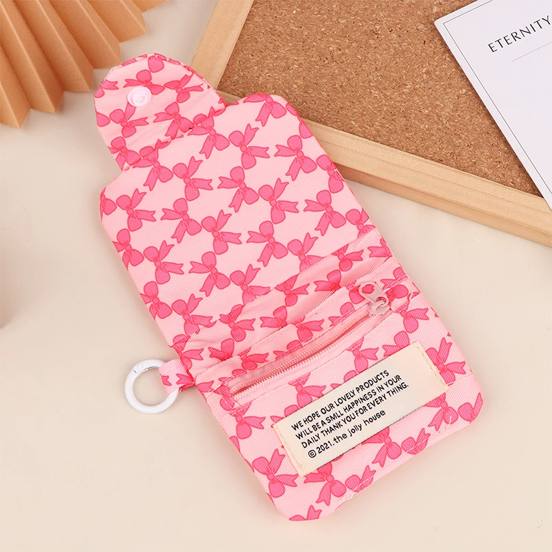 Korean Style Ins Niche Coin Purse Cute Sweet Bow Multi-layer Card Holders Floral Canvas Bag Pendant Wallet Pink Girl Heart