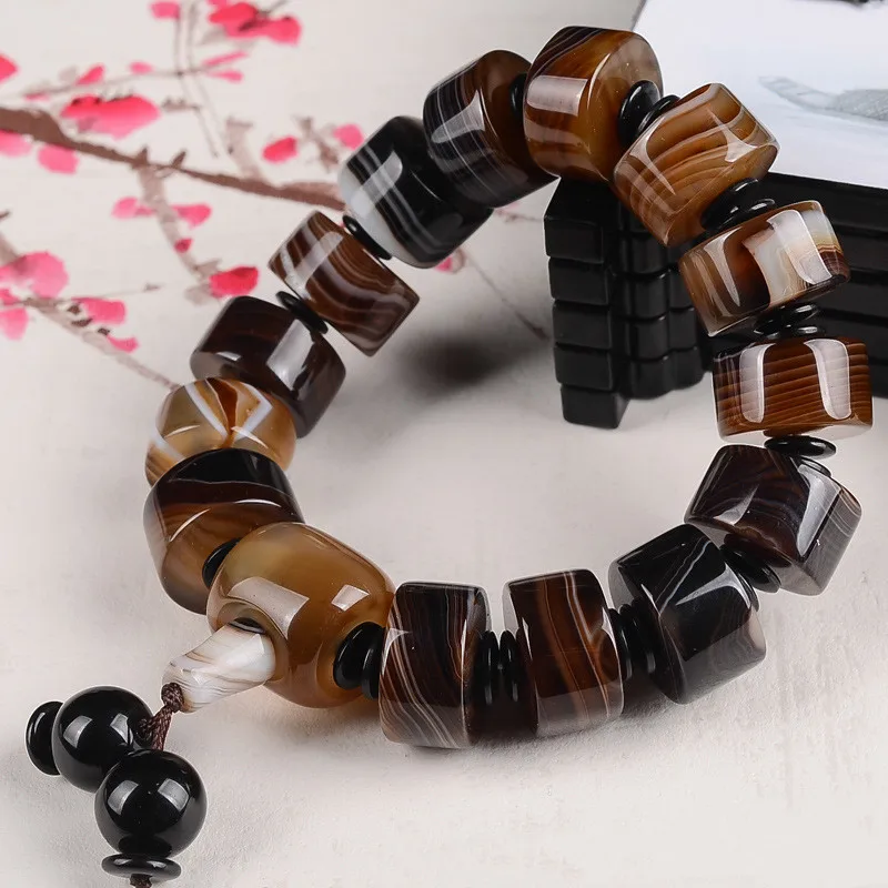 Natural Brazilian Silk Wrapped Agate Bucket Bead Bracelet, Men\'s Style, Ethnic Style, Versatile Bracelet Jewelry