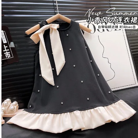

2025 Girls Broken Diamond Neck Dress Summer New Fashionable Princess Vest Skirt Fashion Casual