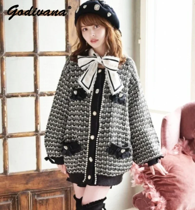 

Japanese Sweet Drill Buckle Color Matching Woven Knitted Coat Lolita Woman Girl Mid-Length Sweater Cardigan Autumn Winter Jacket