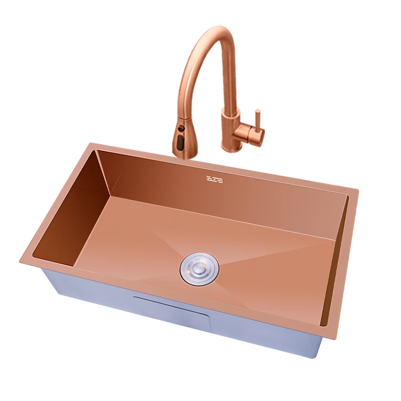 حوض من الفولاذ المقاوم للصدأ 304 فتحة واحدة كبيرة باللون الذهبي الوردي تحت حوض المطبخ الصغير وحوض الماء #1