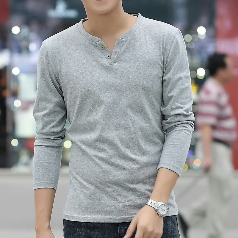 

Spring Autumn Men's New V-neck Long Sleeved T-shirt Solid Male Loose Casual Pullover Tops