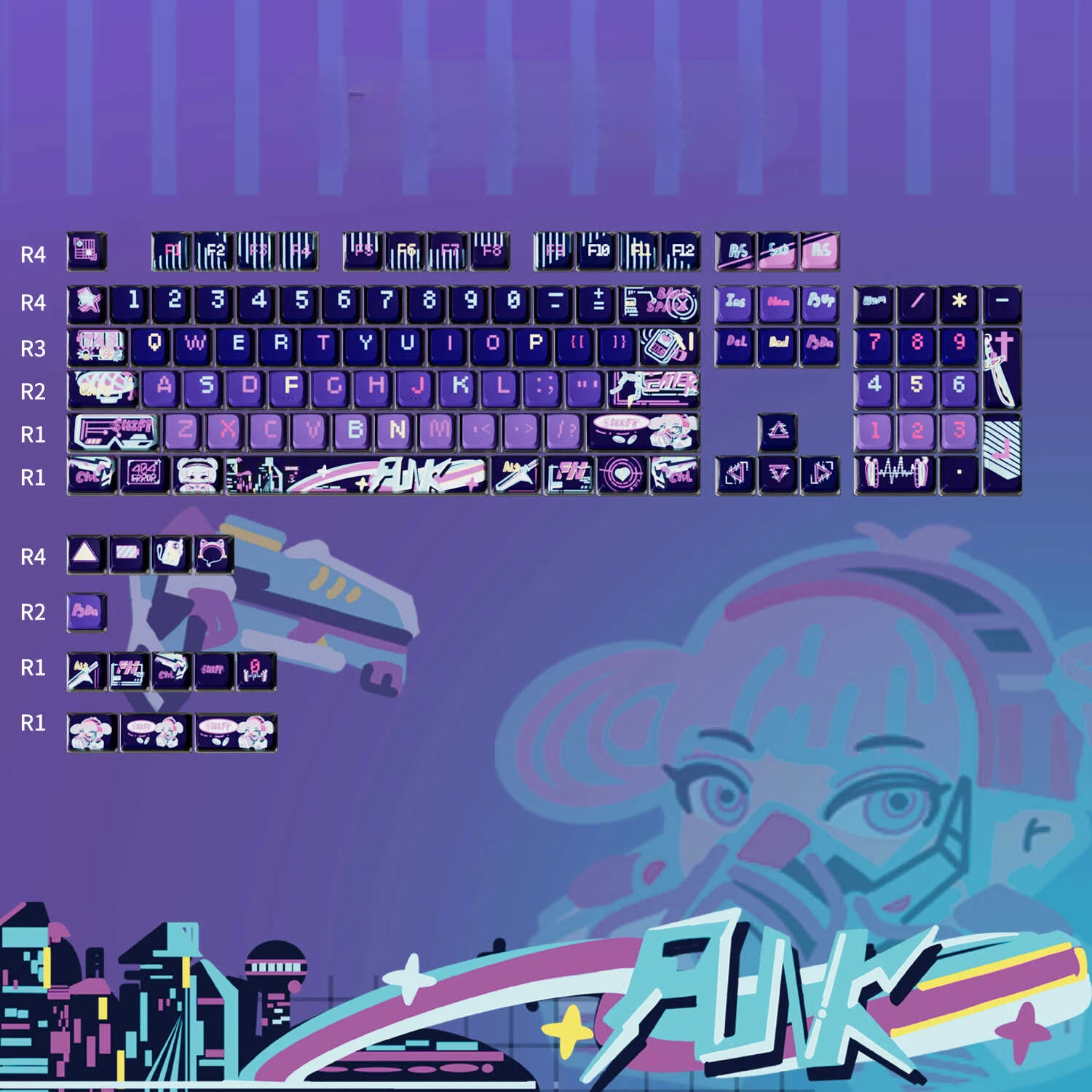 Imagem -03 - Teclas Conjunto Darksparkle Keycaps Cyberpunk Violeta Tampas Asa Altura para mx Switch Faça Você Mesmo Teclado Mecânico Jogo Presente Personalizado 117