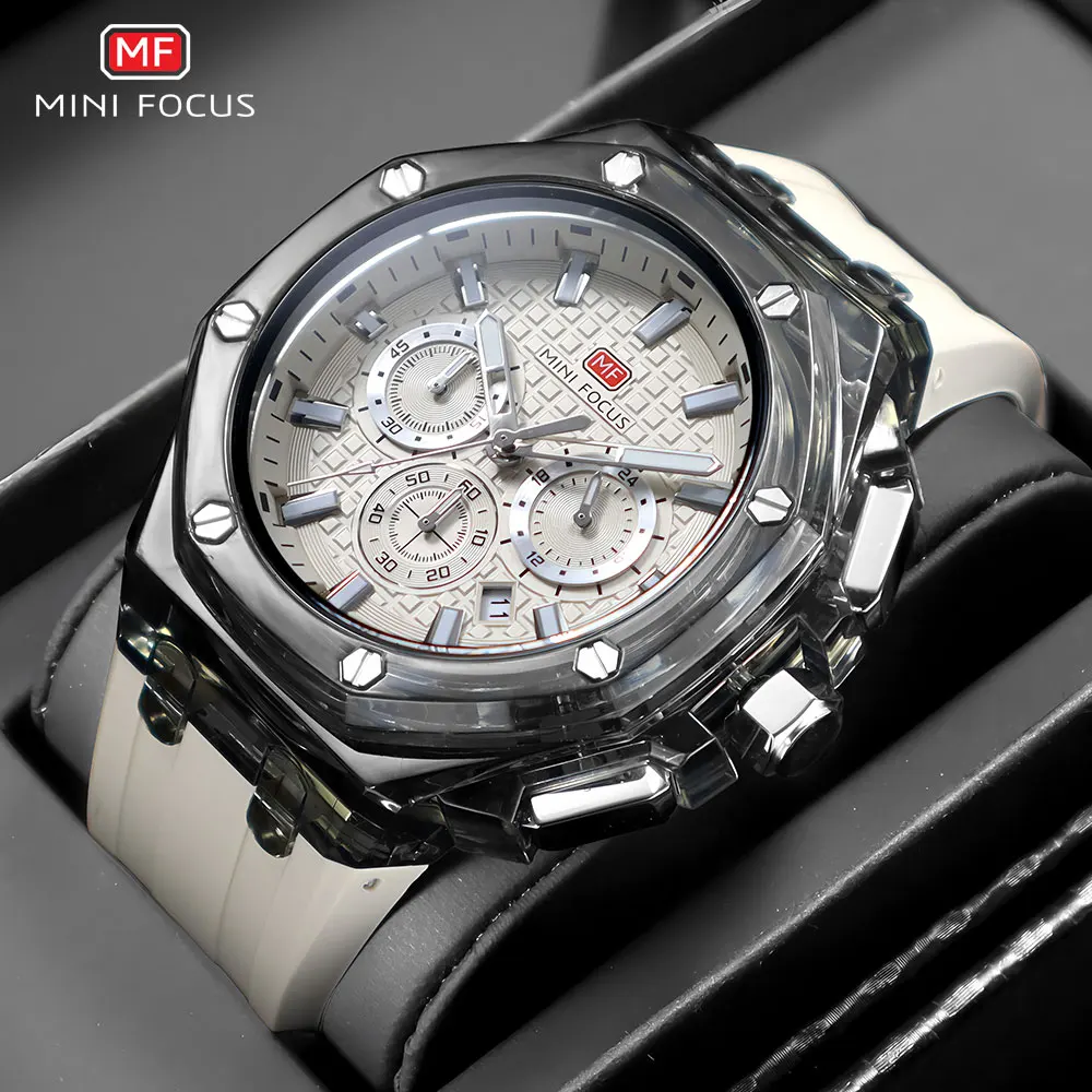 MINI FOCUS Men's Sports Quartz Watches with Orange Silicone Strap Chronograph Fashion Waterproof Luminous Wristwatch with Calend - view 3
