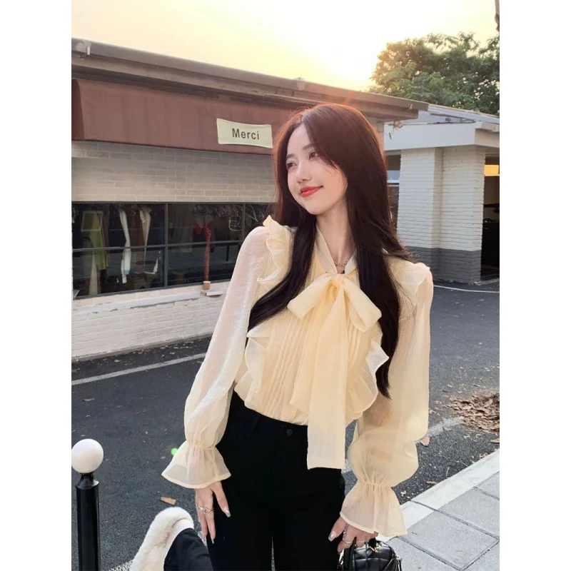 

French Style Bow Self-Tie Chiffon Shirt Women's Spring New Western Style All-Matching Shirt Ruffle Bottoming Shirt Top