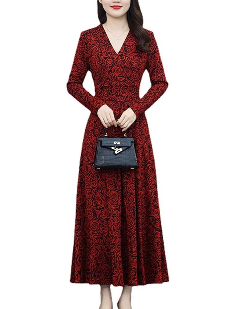 Abito elegante a maniche lunghe floreale rosso Vintage autunno inverno moda aderente vestiti da festa 2024 coreano di lusso sera lungo Vestido