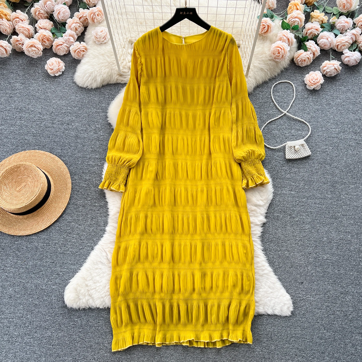 Autumn Vintage Women Draped Loose Midi Dress Elegant Round Collar Puff Long Sleeve Robe Casual Yellow/Burgundy/Green Vestido New