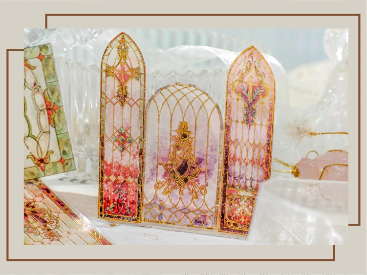 Journal GO 30 Stück Vintage wunderschöne florale Fliesen-Aufkleber mit Heißfolienprägung für Scrapbook-Karten, DIY, goldene geprägte Muster, Planer-Aufkleber – Detail 9