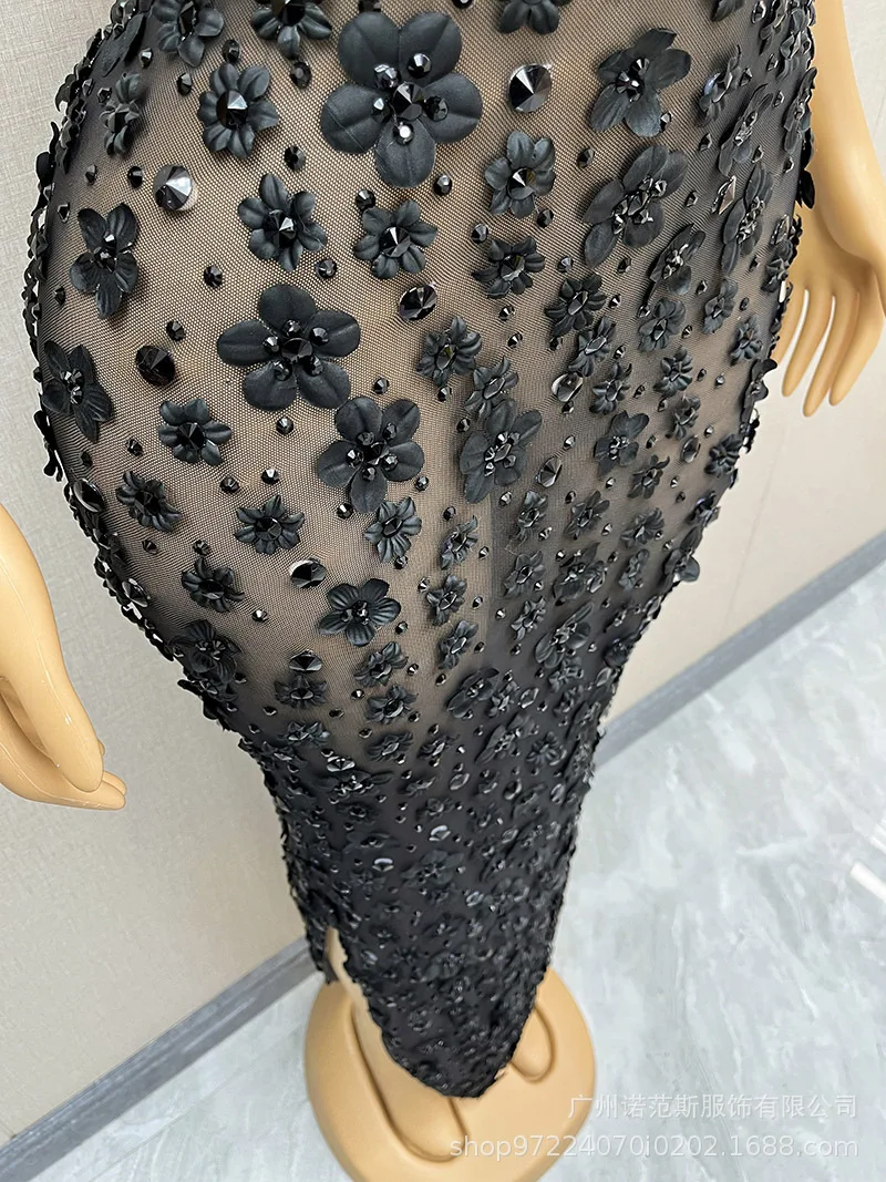 مثير أسود الحمالات الخصر قرصة زهرة سوداء فساتين راقية أسود عصري المنصة شركة الاجتماع السنوي مساء رداء دي ماري