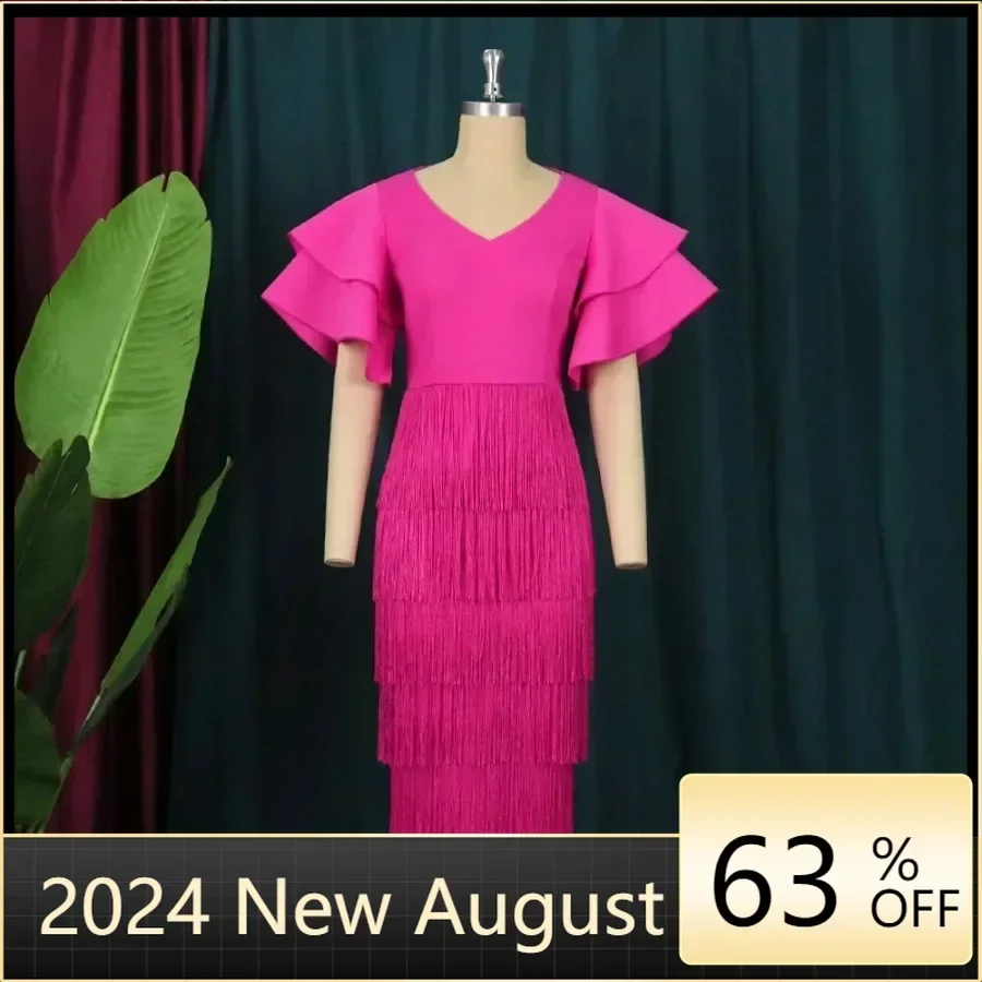 Fuchsia Tassel Party Dress For Women V Neck Ruffles Sleeve Fringe Bodycon Slim Evening Celebrate Prom Gowns Plus Size 4XL