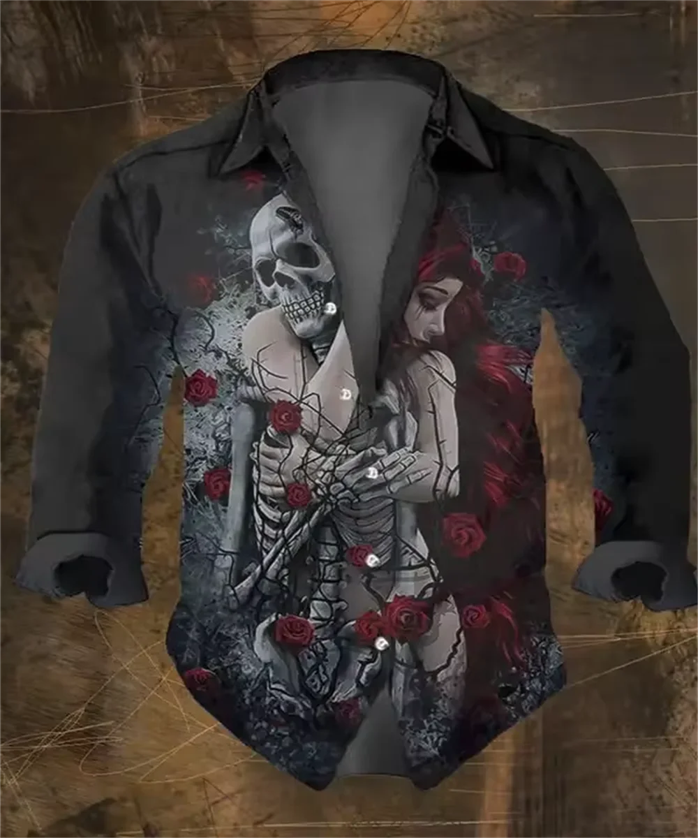 Fashion Men's Vintage Dark Skull Prints Long Sleeve Shirts Skull Prints Black Tops Regular Fit,Lapel Collar Polyester Streetwear
