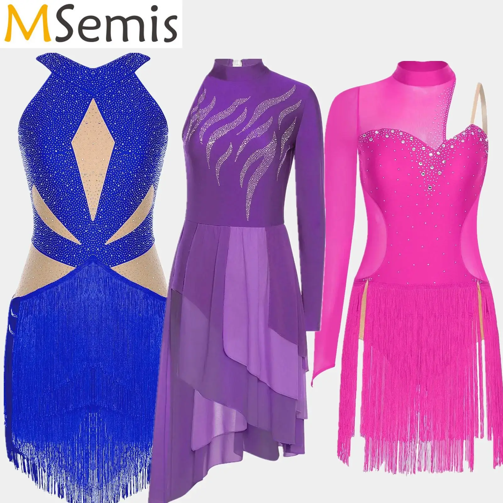 

Womens Gymnastics Artistic Figure Skating Latin Tango Ballet Dance Leotard Rhinestones Backless Tiered Tassel Bodysuit Dress
