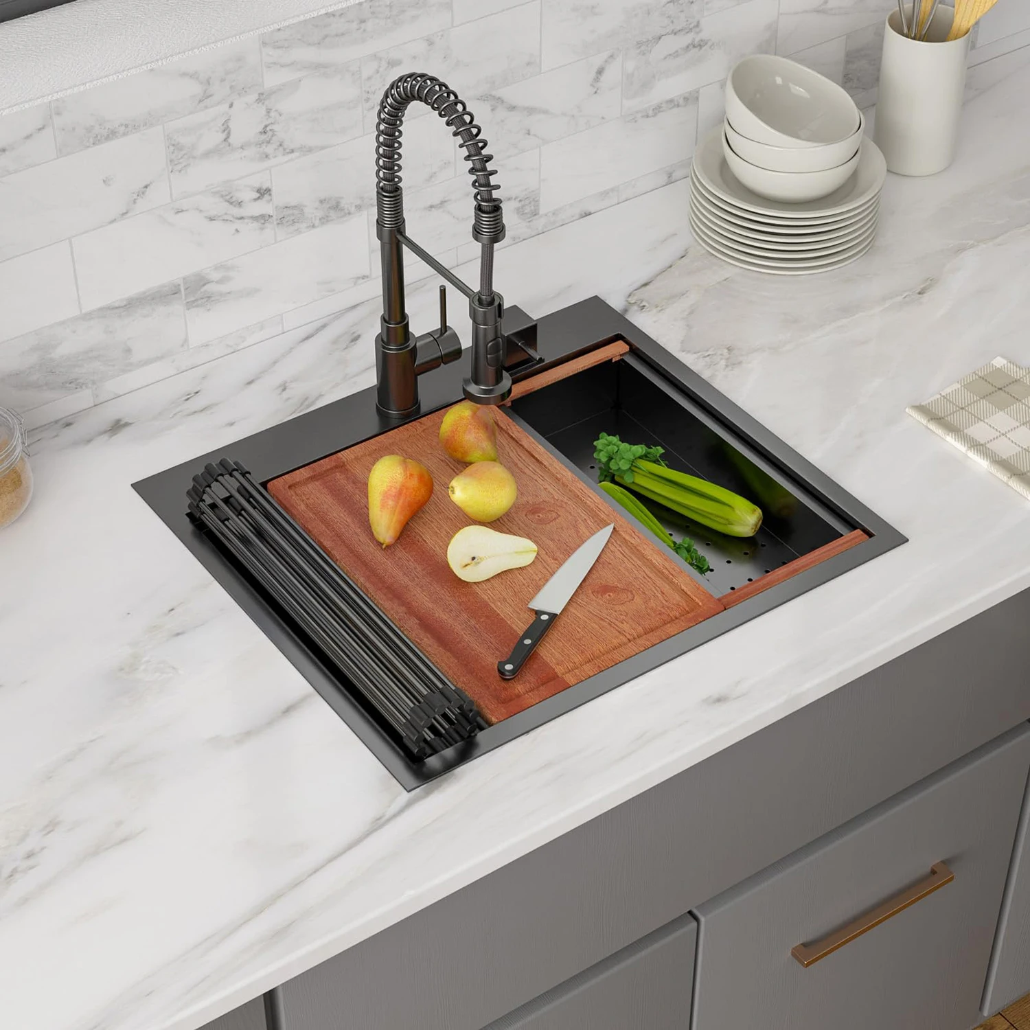 Luxury Gunmetal Black SUS304 Topmount Single Bowl Handmade Sink with Drainboard