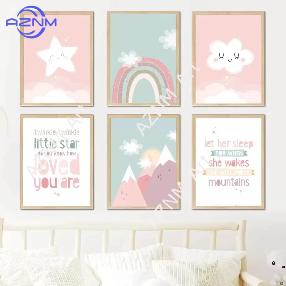 1/6 Stück schöne Berg-, Stern-, Wolken- und Regenbogen-Wandkunst auf Leinwand, Cartoon-Stil, nordische Poster und Drucke, Wandbilder, Raumdekoration