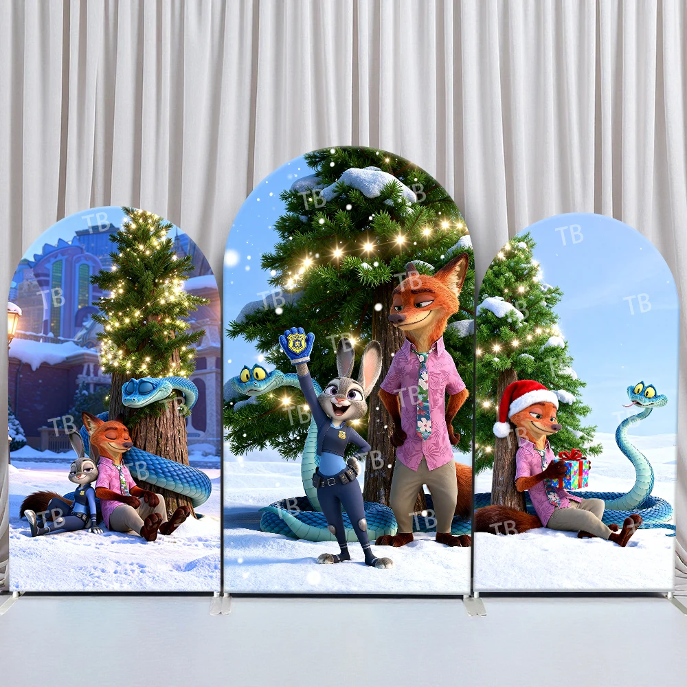 

TB Zootopia 2 Arch Backdrop Cover Christmas Snow Scene Theme with Judy Nick Blue Snake Decor for Kids Birthday & Baby Shower