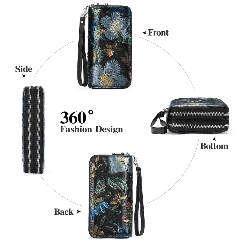 Western Double Zipper Large Capacity Rfid Leather Women Wallet Fashion Many Card Position Rose Embossed Purse for Ladies