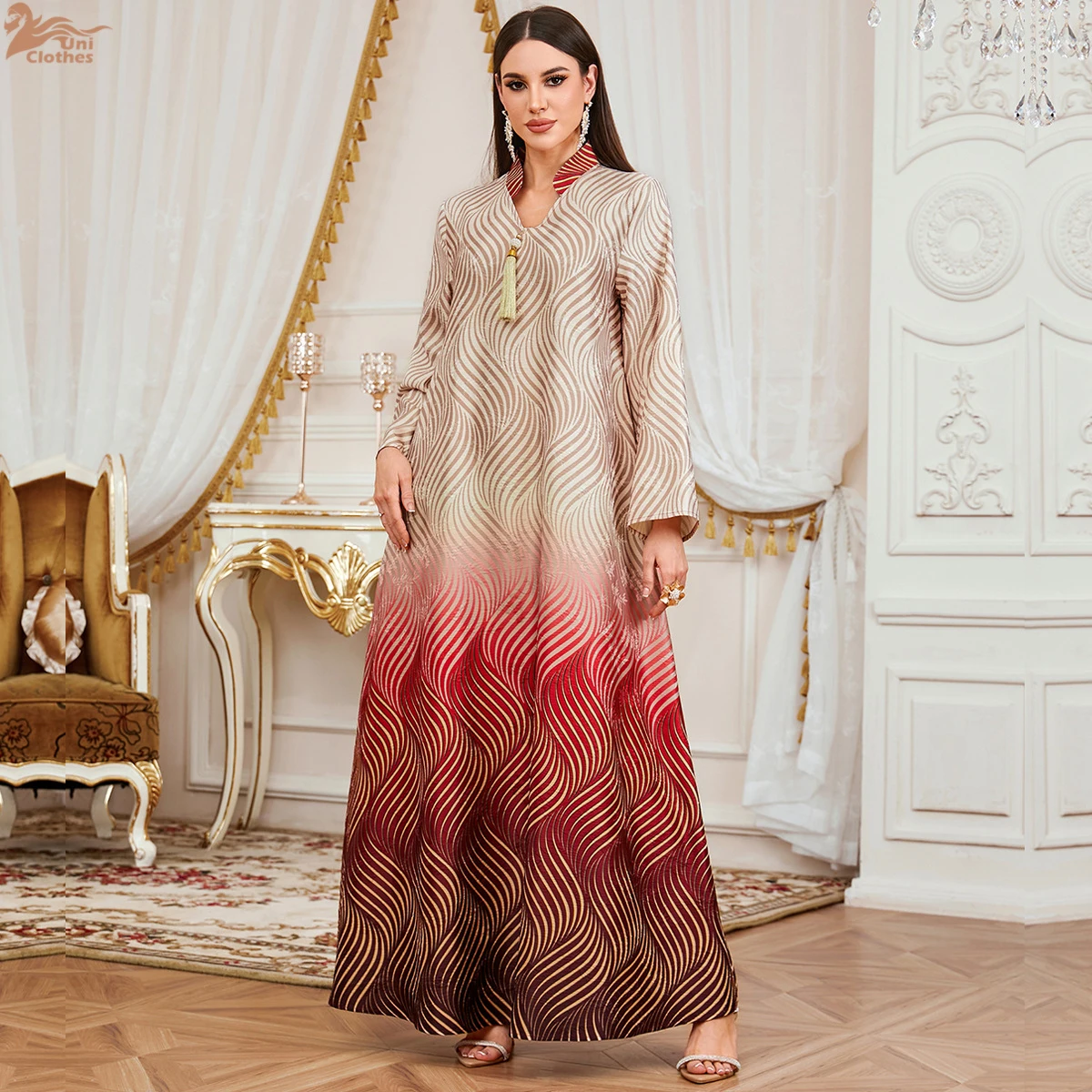 

Uni Роскошное платье макси с цветочным принтом, мусульманское платье с кисточками, стильный Абая, марокканский кафтан, Дубай, элегантная повседневная одежда