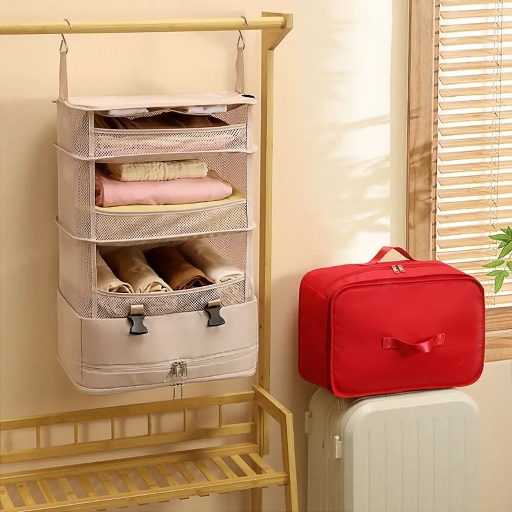 

4 Layers Hanging Travel Storage Bag Large Capacity Space Saving Hanging Clothes Storage Bag with Mesh Pockets Foldable
