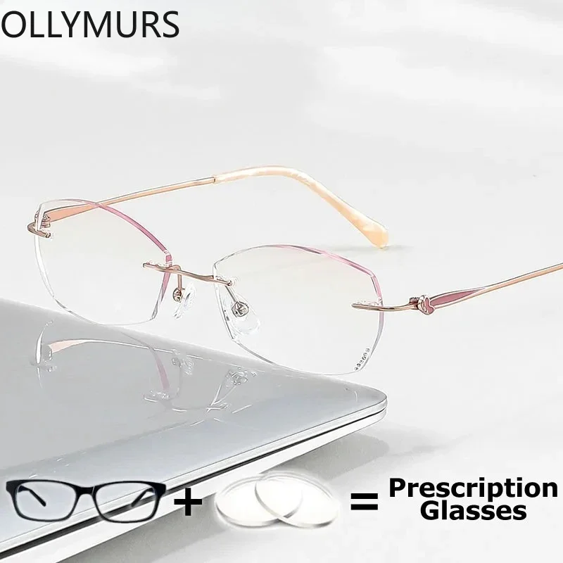 

KIZN Customize Reading Glasse High End Titanium Rimless Frame Gradient Pink Lenses Prescription Anti Blue Ray Myopia Optical